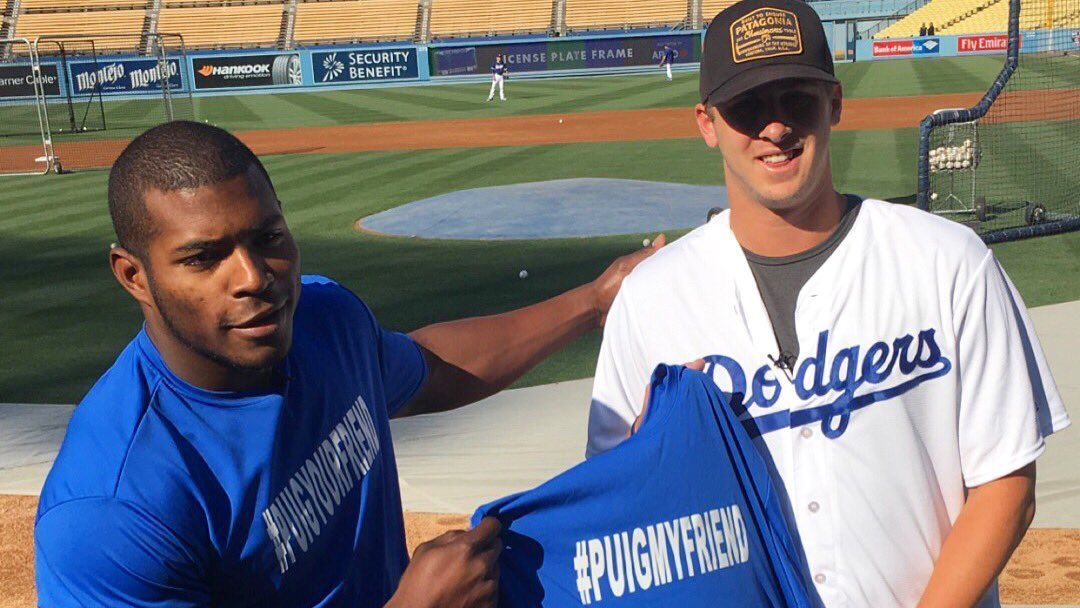 Yasiel Puig, Jared Goff reconcile at Dodgers game