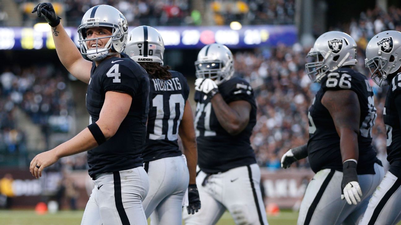 Raiders' Carr (pinkie) practices in full with glove