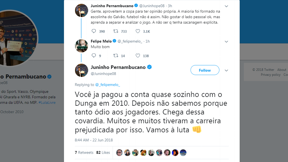 Juninho Pernambucano e Felipe Melo fazem 'tabelinha' contra críticas a jogadores: 'Covardia'