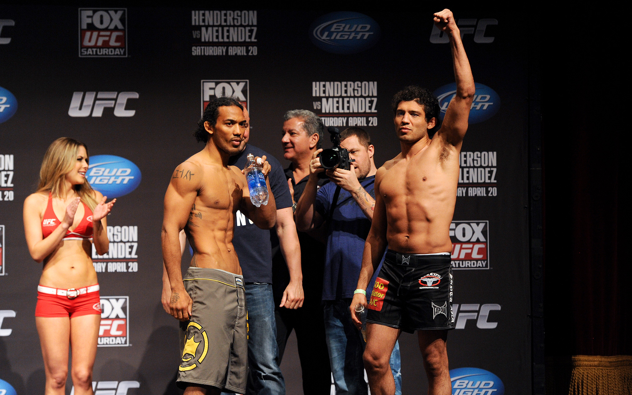 Benson Henderson and Gilbert Melendez during weigh-in