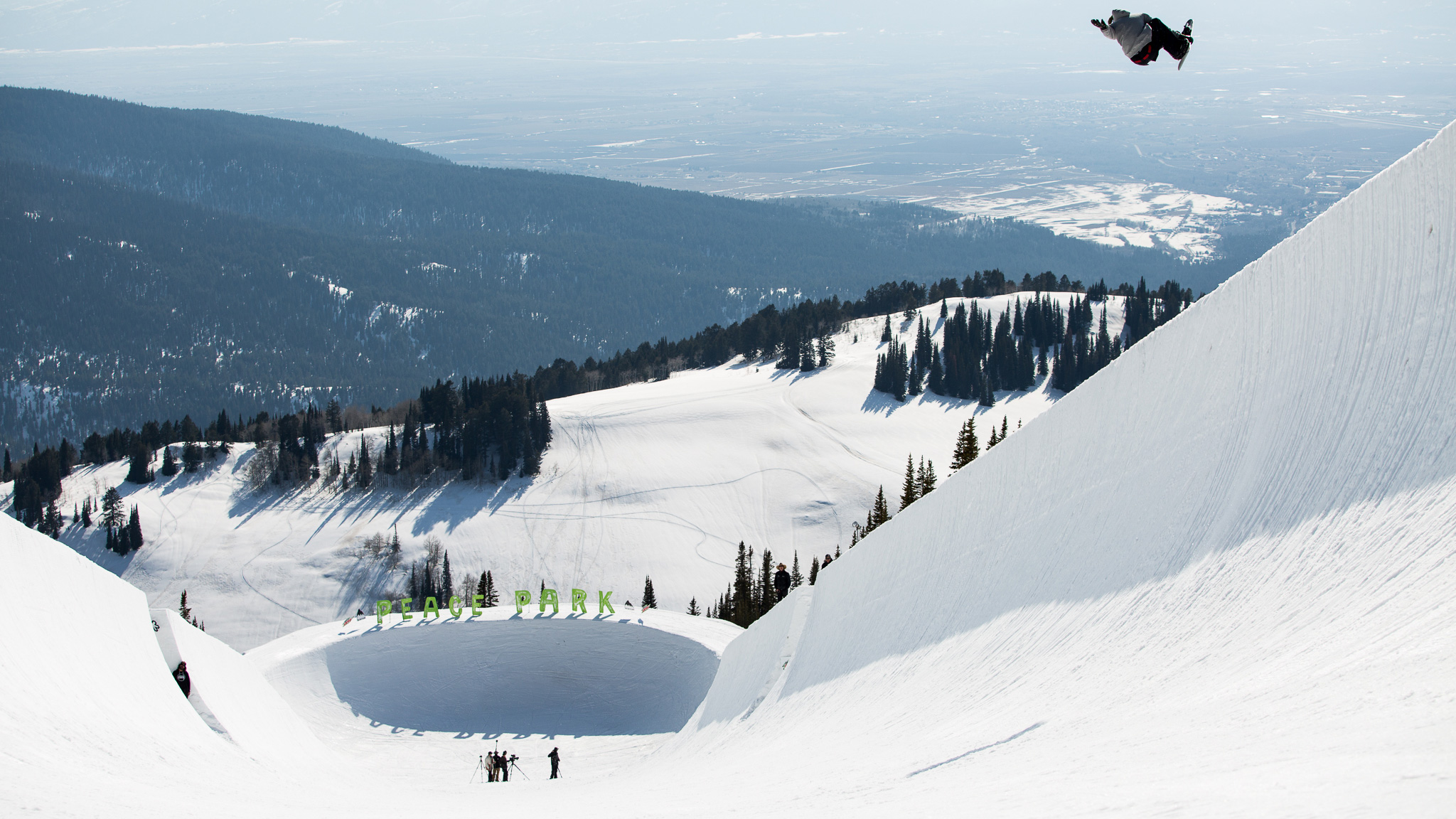 The goal of Peace Park is to cater to the kind of snowboarder who can ride anything. Case in point: slopestyle rider Mark McMorris airs out of the superpipe feature on his way to the snow bowl at the bottom of the course.