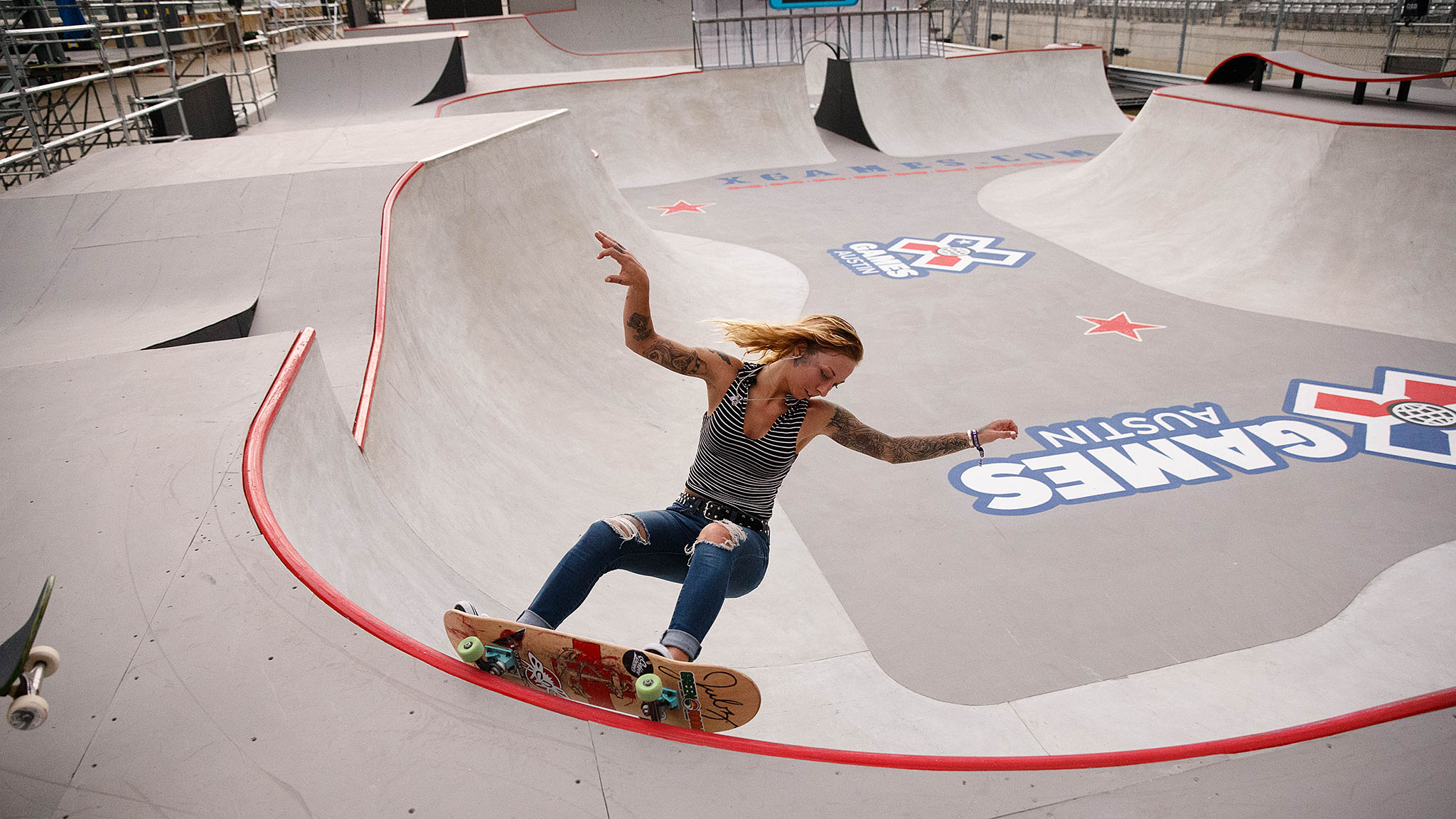 Among the events returning to X Games after a brief hiatus is Women's Skateboard Park, which hasn't been seen since XG Barcelona 2013. Julz Lynn, who won the bronze medal in that event, takes a practice lap in the park course Wednesday afternoon.
