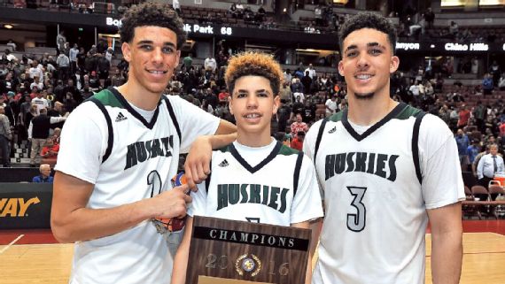 LaMelo Ball, second from left, holds a Spire Institute jersey