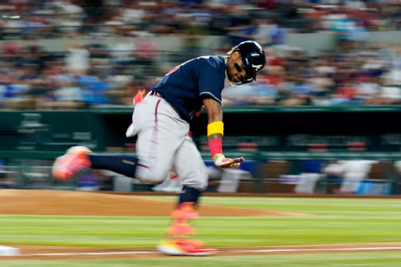 Atlanta Braves right fielder Ronald Acuna Jr.'s shoes are shown