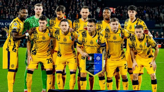 Inter milan players in golden yellow kit during ⁤a ⁢Champions League⁤ match.