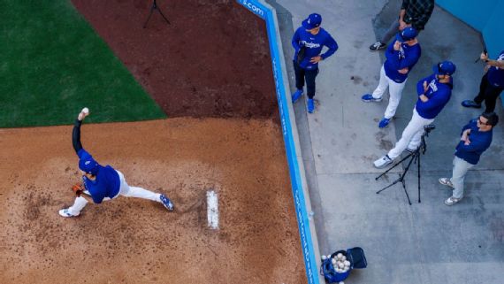 Dodgers Ohtani: Bat Enough While Arm Recovers shohei Ohtani pitching during a simulated game.