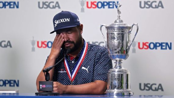J.J. Spaun talks to the media after winning the 2025 U.S. Open.