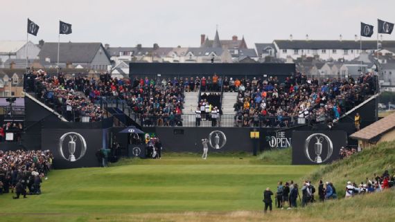 Rory McIlroy tees off on the first hole during the first round of the Open Championship.