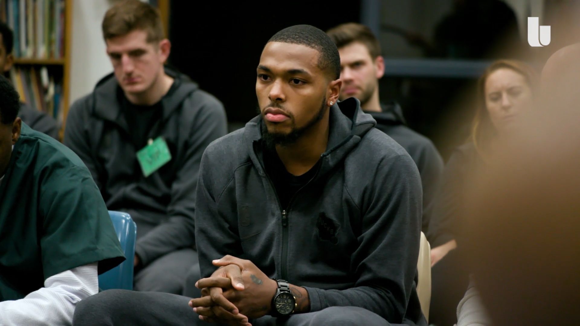 Milwaukee Bucks guard Sterling Brown speaks to incarcerated individuals