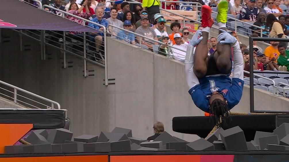 Malik Nabers scores and flips into the foam pit during the Pro Bowl
