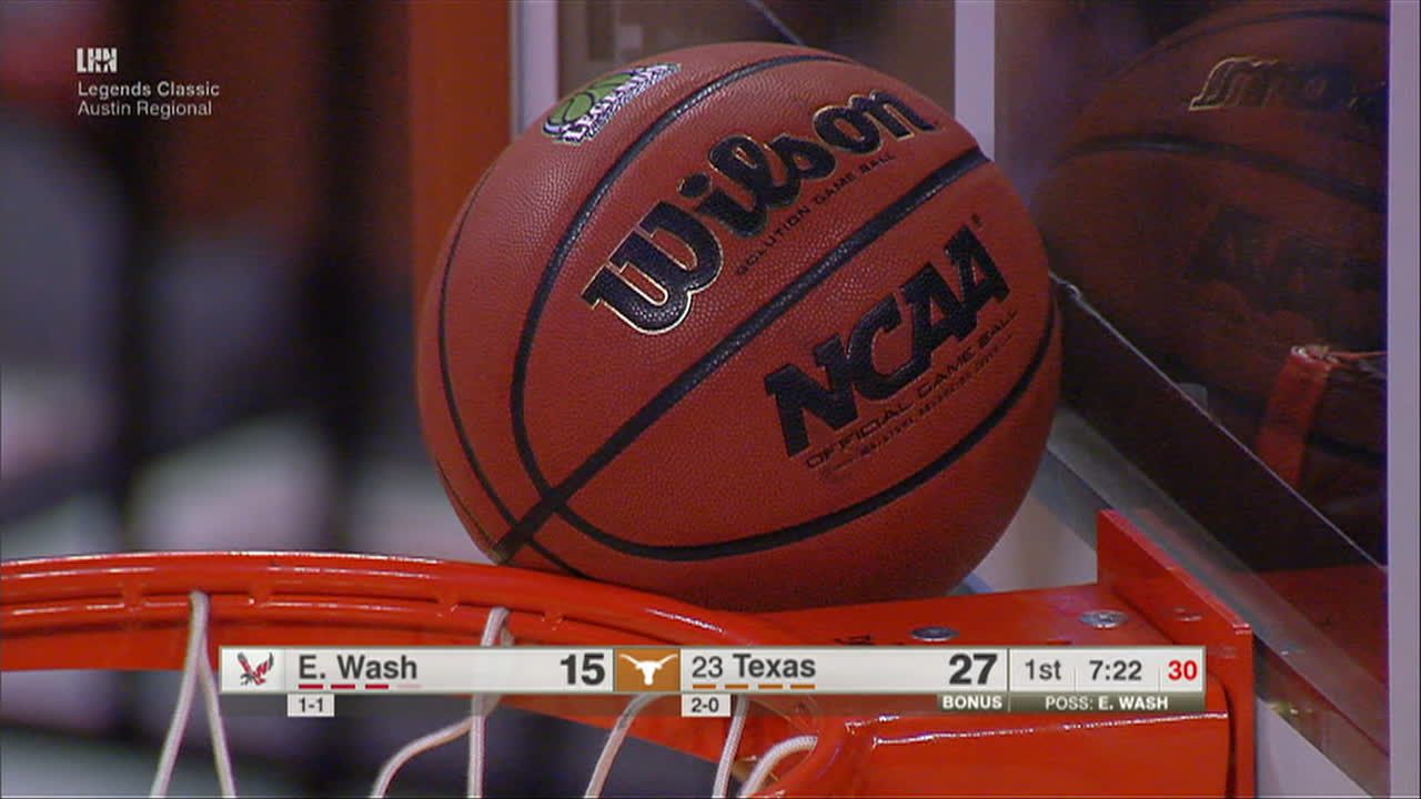 Ball gets stuck in between rim and backboard after Tevin Mack's three ...