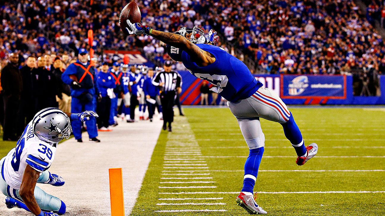 New York Giants wide receiver ODELL BECKHAM JR. makes a leaping catch