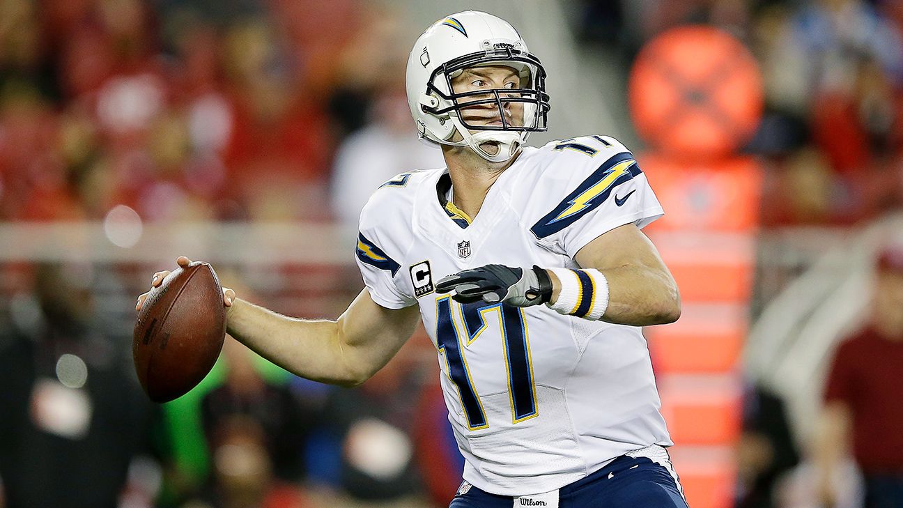 ADVANCE FOR WEEKEND EDITIONS JAN. 19-21 ** FILE ** Quarterback Philip  Rivers holds up his San Diego Chargers jersey at a news conference at the  Chargers' facility in San Diego in