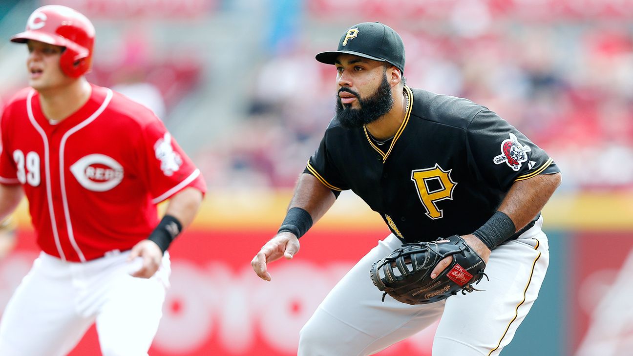 Pittsburgh Pirates' Jordy Mercer (10) talks to the home plate