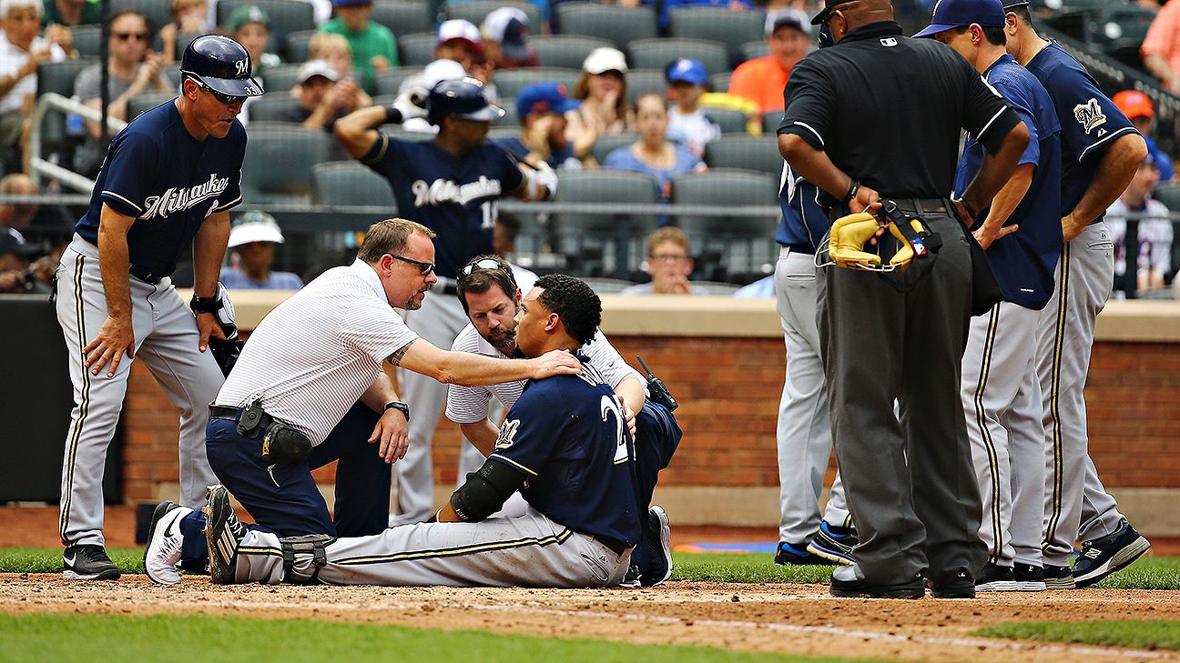 Carlos Gomez of Milwaukee Brewers hit in helmet by pitch, leaves game