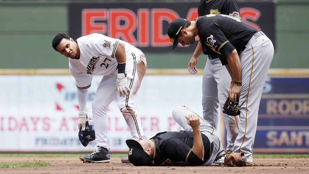 Jordy Mercer of Pittsburgh Pirates carted off after collision with Carlos  Gomez of Milwaukee Brewers - ESPN