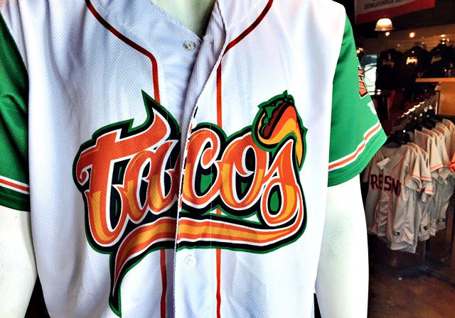 Fresno Grizzlies taco jersey, hat promotes Taco Truck Throwdown