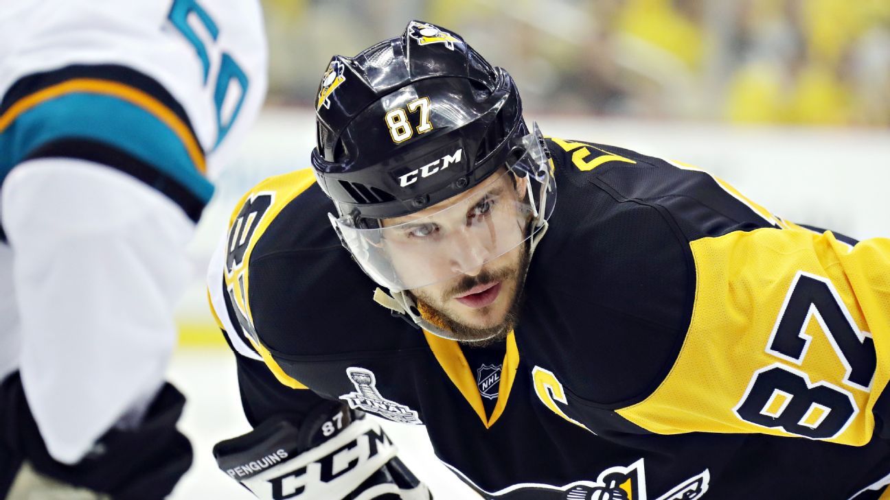 Sidney Crosby of the Pittsburgh Penguins looks on during a