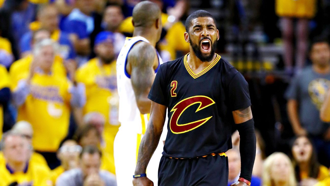 Kyrie Irving of the Cleveland Cavaliers reacts during the second