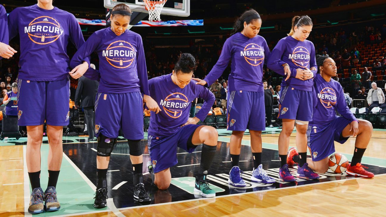 New York Liberty players, coaches lock arms as 2 Phoenix Mercury players  kneel for national anthem ahead of playoff game - ESPN