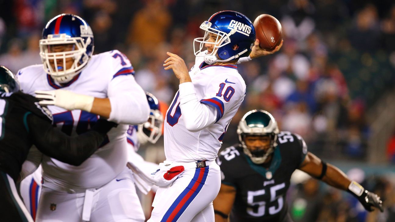 September 24, 2015, New York Giants quarterback Eli Manning (10) looks on  from the sidelines during the NFL game between the Washington Redskins and  the New York Giants at MetLife Stadium in