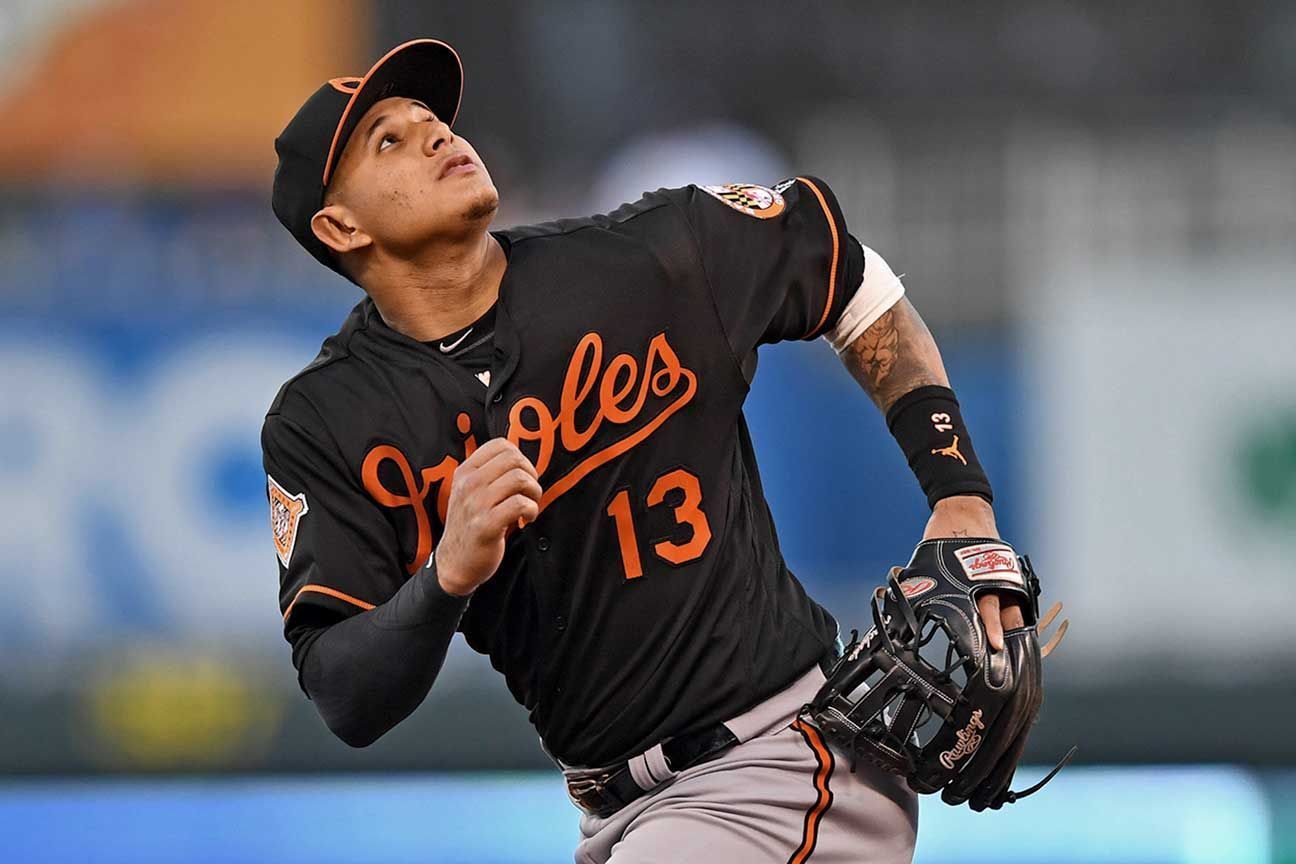 A detail view of Manny Machado of the Baltimore Orioles baseball