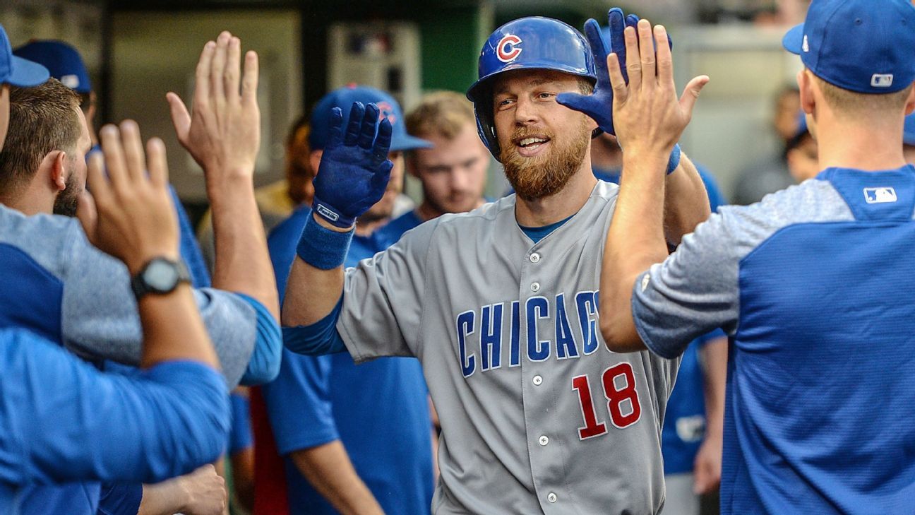 Chicago Cubs outfielder BEN ZOBRIST holds up his MVP trophy