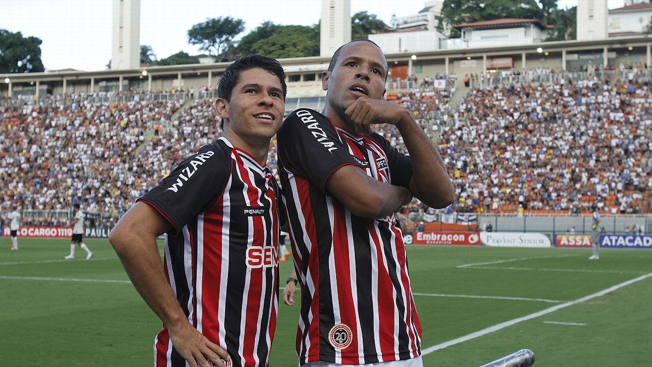 Luis Fabiano, desconfiado de Memphis Depay, nos tempos de São Paulo, ao marcar um gol contra o Corinthians