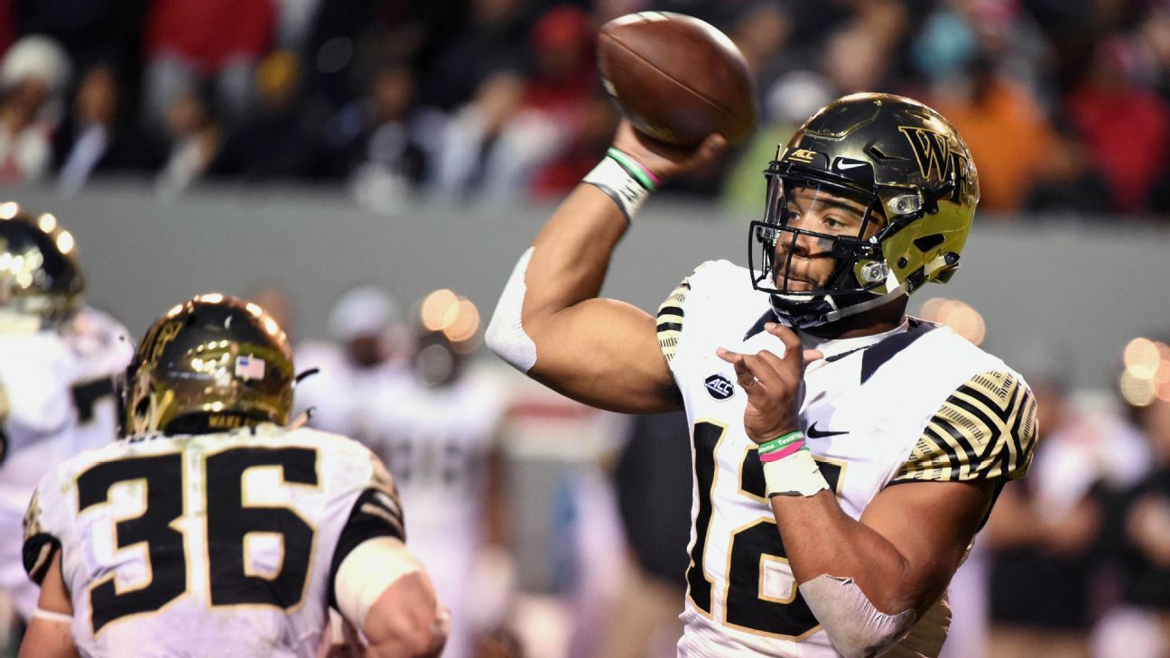 File-Wake Forest's Jamie Newman (12) throws a pass during the first half of  the Pinstripe Bowl NCAA college football game against Michigan State,  Friday, Dec. 27, 2019, in New York. Newman, the