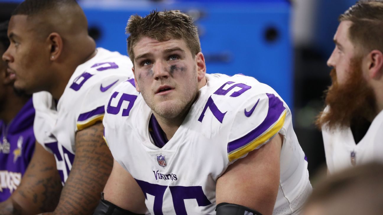 Minnesota Vikings tackle Brian O'Neill arrives for practice during the  first day of training camp as rookies, free agents and some veterans  reported to the NFL football team complex Wednesday, July 25