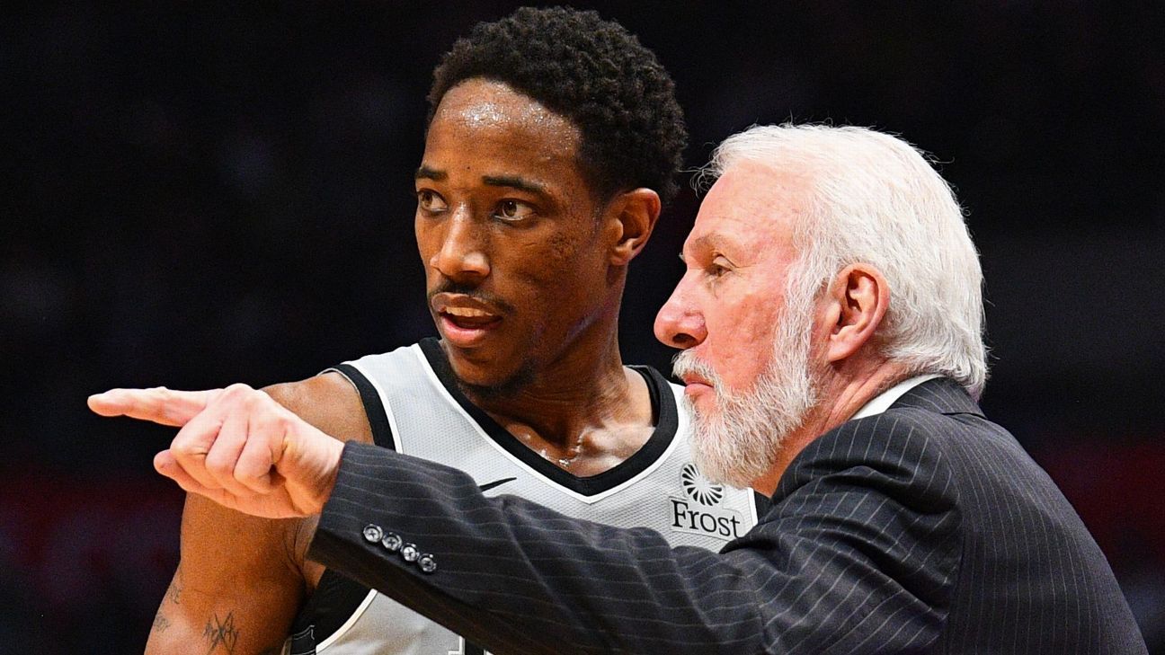 DeMar DeRozan playing basketball in a Spurs uniform with Gregg Popovich on the sideline