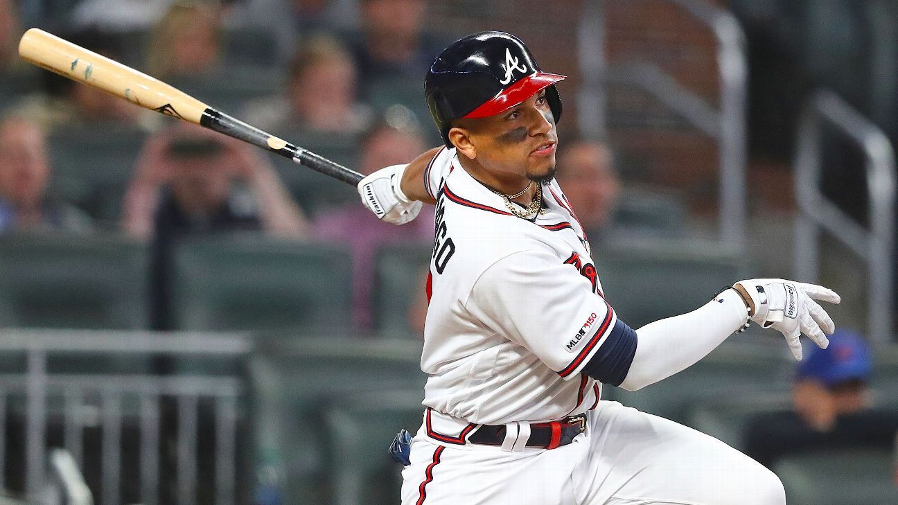 From left to right, Braves outfielders Adam Duvall, Cristian Pache