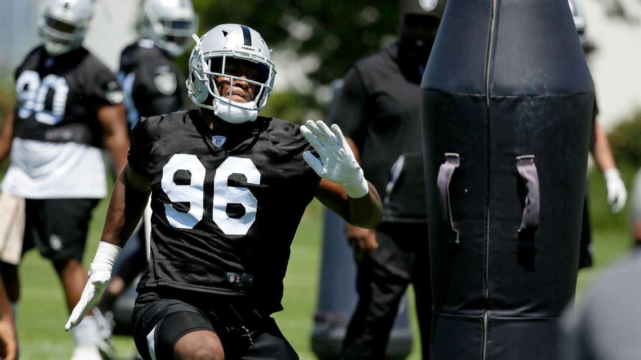 Oakland Raiders defensive end Clelin Ferrell (96) celebrates after