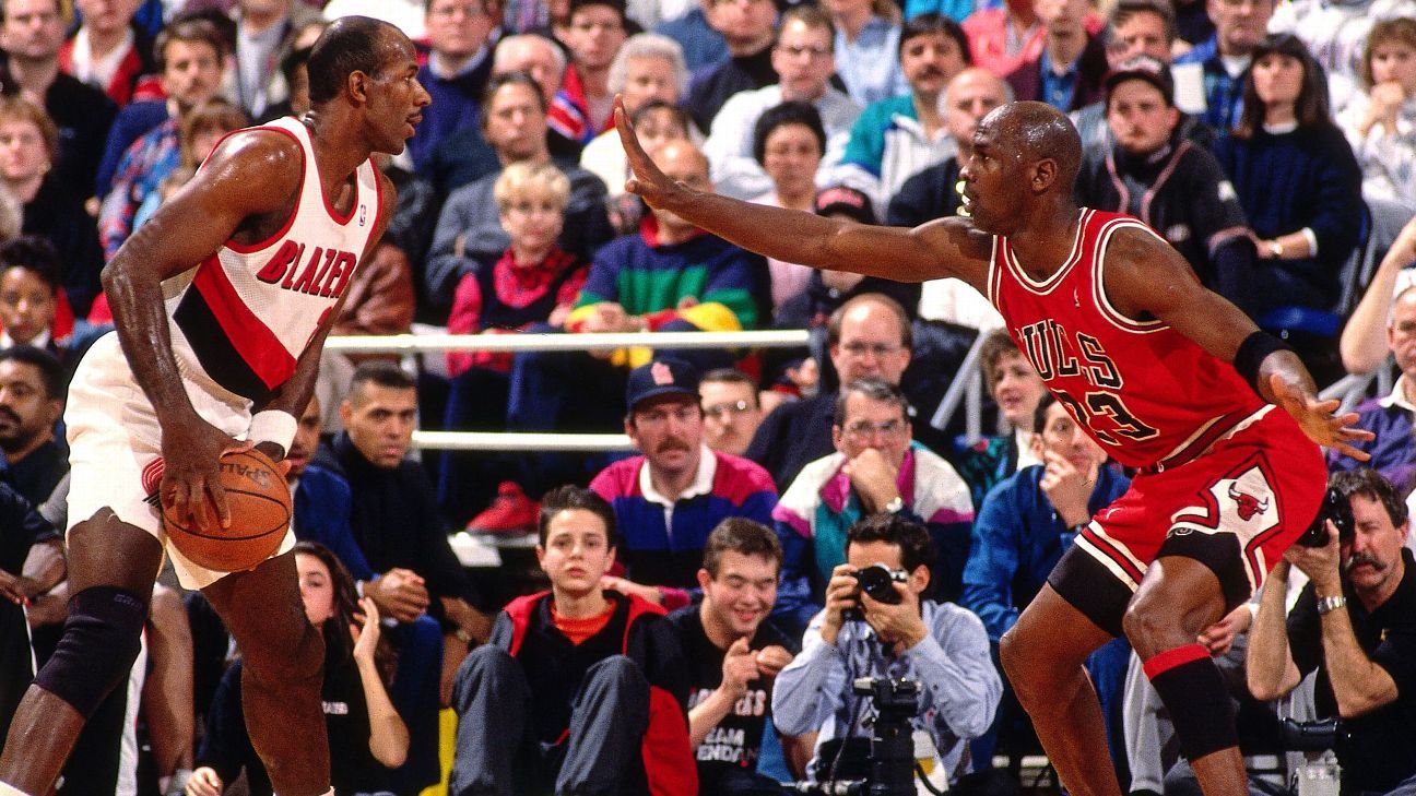 Michael Jordan competing against Karl Malone and John Stockton of