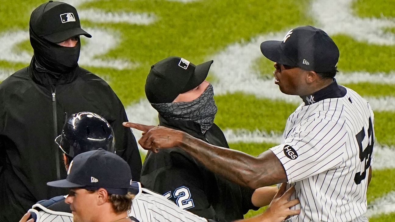 Benches empty after Aroldis Chapman's brushback pitch as Yankees finally  defeat Rays - ESPN