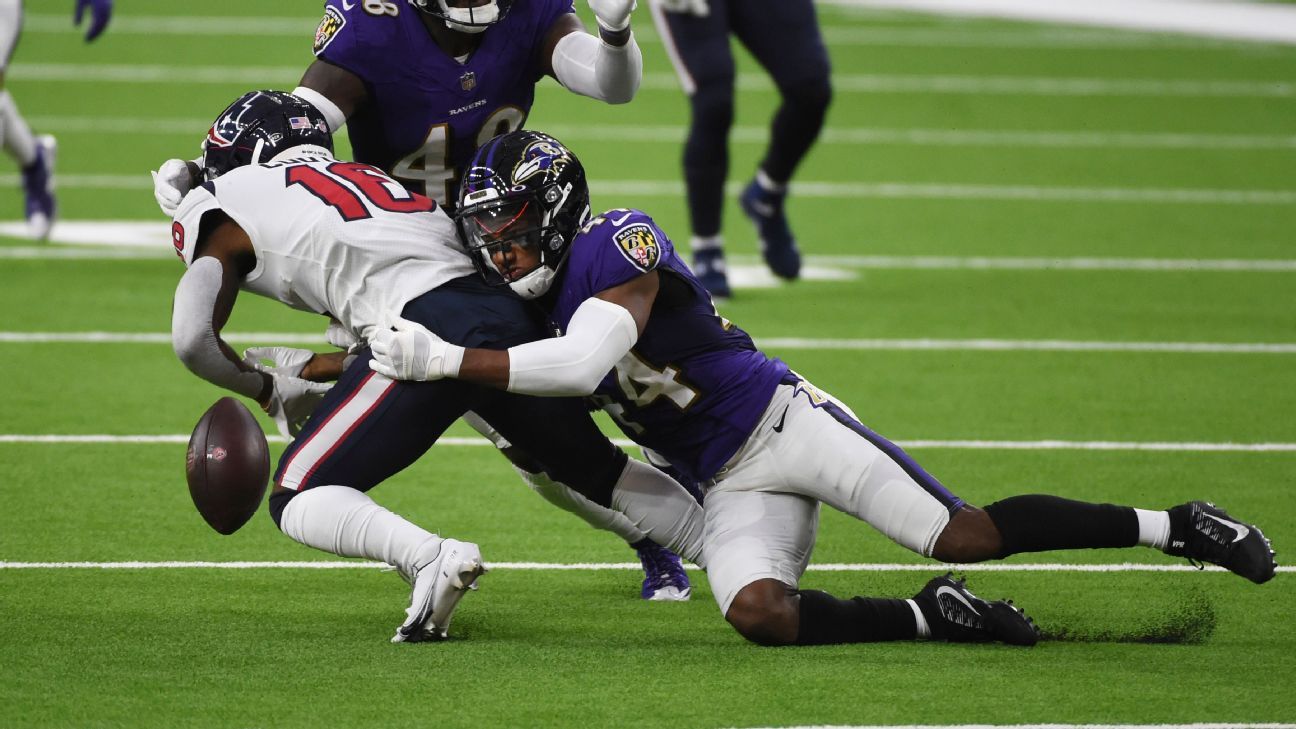 Lamar Jackson of the Baltimore Ravens wipes his face during a time