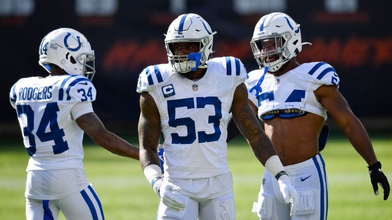 Indianapolis Colts outside linebacker Darius Leonard (53) pleads with side  judge Eugene Hall (103) during the second half of an NFL football game  against the New England Patriots Saturday, Dec. 18, 2021