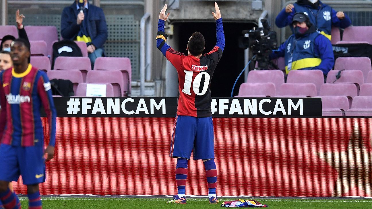 Messi honours Maradona with Newell's Old Boys shirt as Barca rout Osasuna -  ESPN