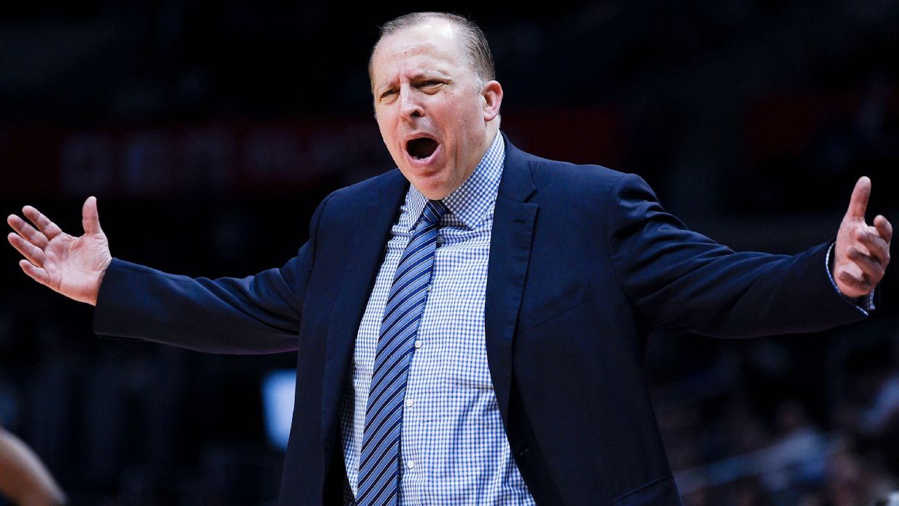 Chicago Bulls head coach Tom Thibodeau stands on the court in the