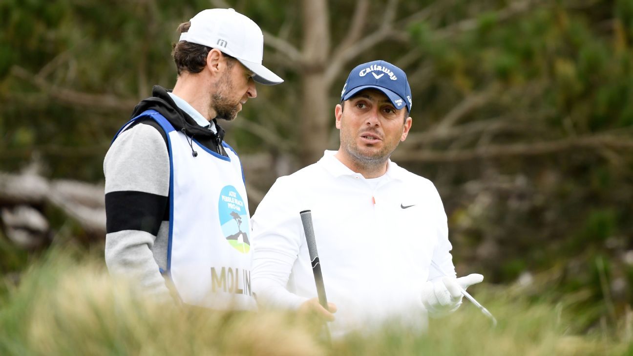 Francesco Molinari hits the ball in the first tee area in Pebble Beach