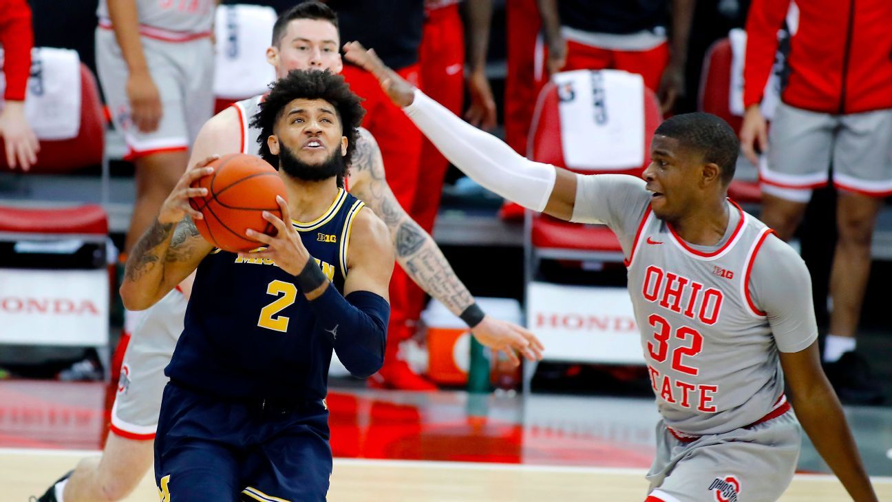 The basketball shoes of Isaiah Livers of the Michigan Wolverines