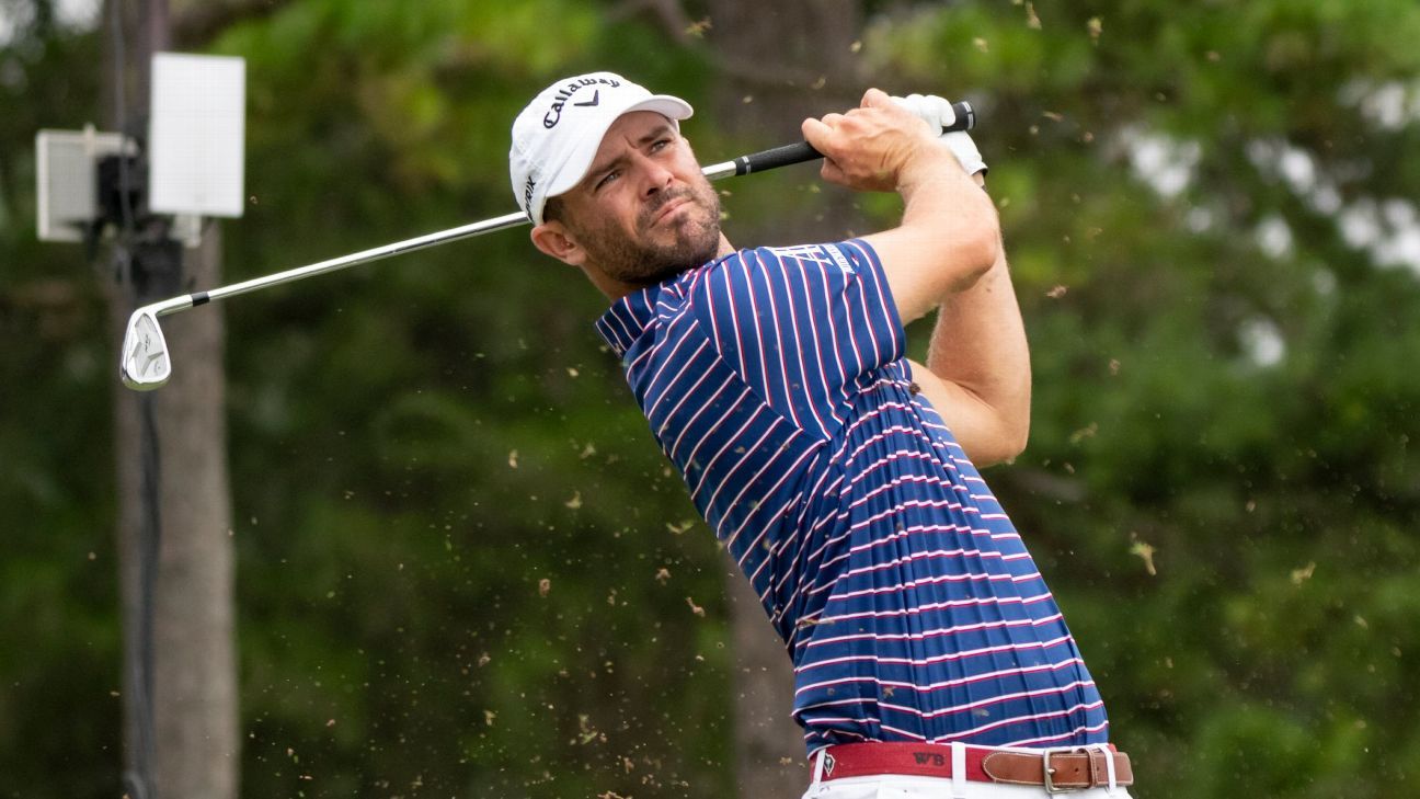 American Wesley Bryan briefly strips to boxers to play shot out of mud