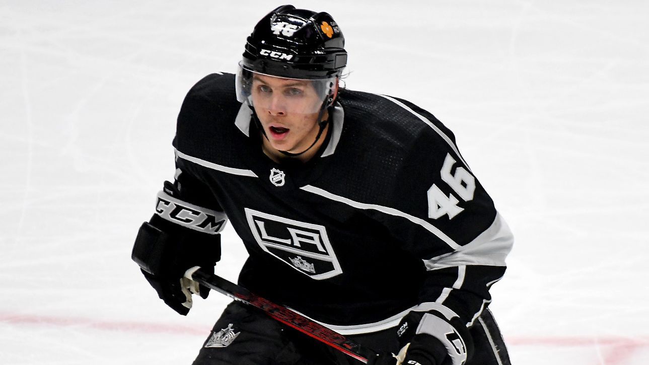 Blake Lizotte of the Los Angeles Kings skates the puck against