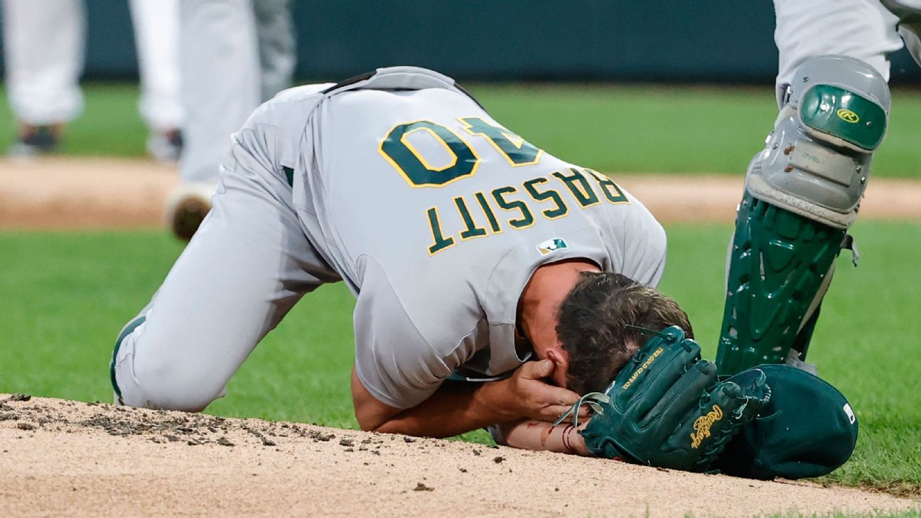 A's right-hander Chris Bassitt struck on head by line drive