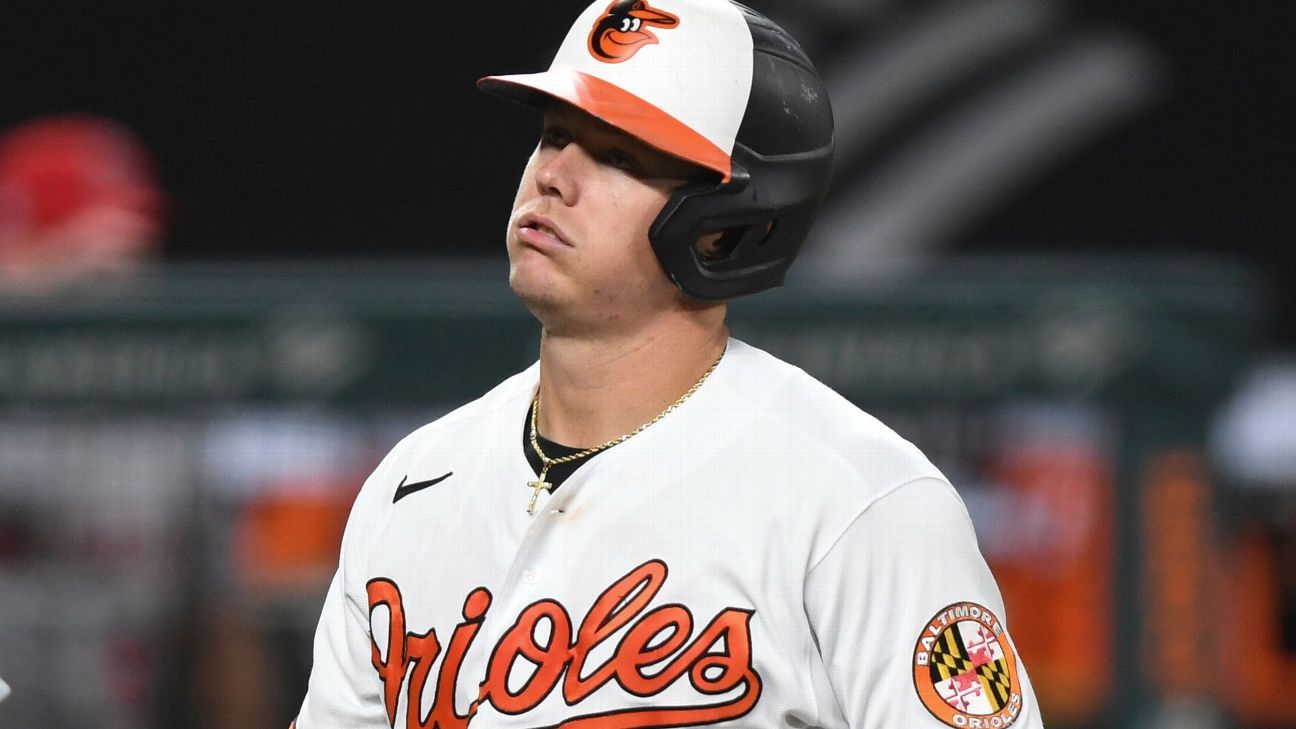 Ryan Mountcastle of the Baltimore Orioles laughs after swinging at