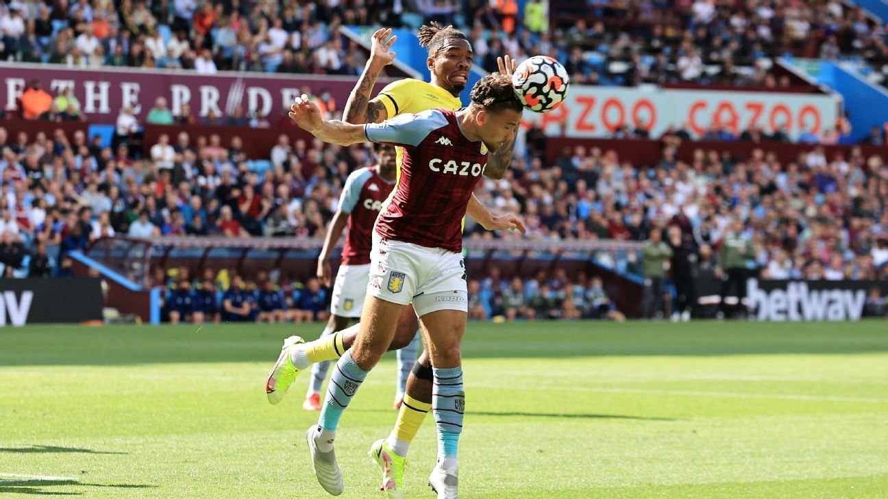  Aston Villa player Tyrone Mings heads the ball away from Brentford player Bryan Mbeumo during the Premier League match between Aston Villa and Brentford at Villa Park, Birmingham.