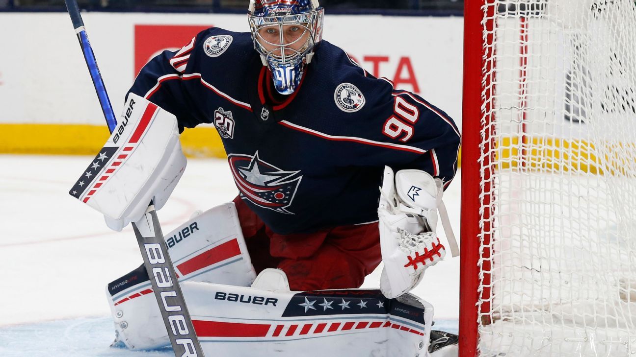 Elvis Merzlikins' blue pads: Blue Jackets goalie debuts new fashion