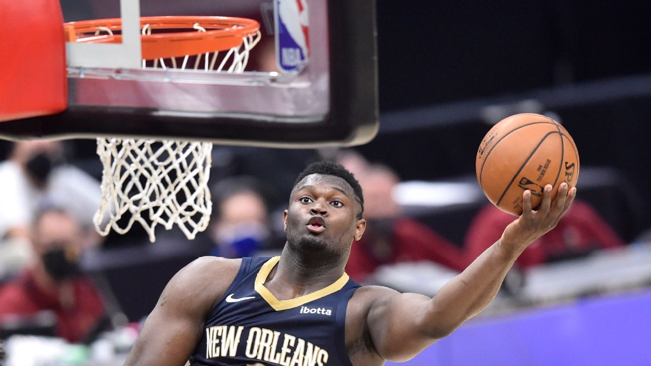 New Orleans Pelicans' Zion Williamson (right foot) progresses to