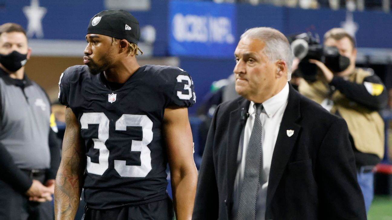 Las Vegas Raiders safety Roderic Teamer (33) leaves the field at