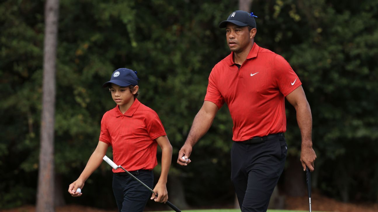Tiger Woods hits huge drive, makes eagle as he and son Charlie try to make a mov..